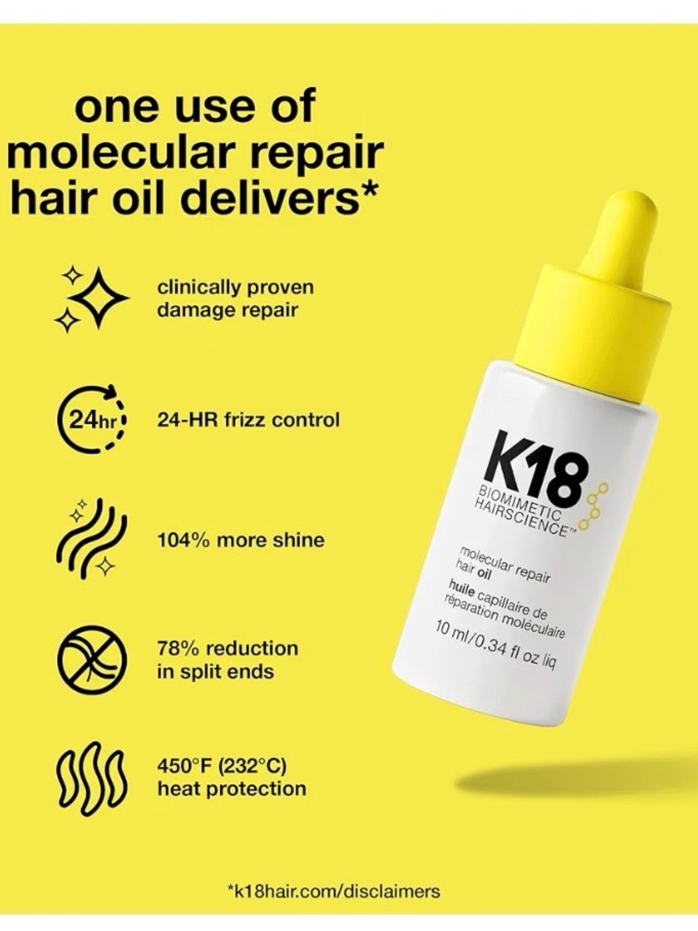 K18 Molecular Repair Hair Oil for Stronger Hair, For All Hair Types / 10 ml